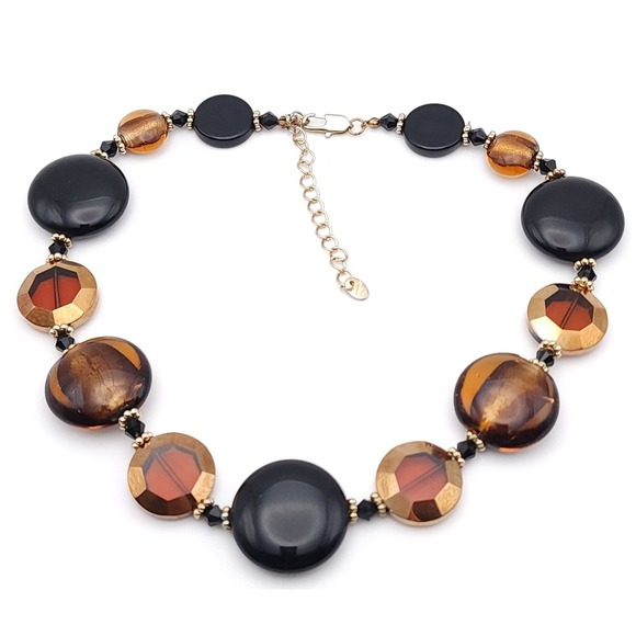 Napier Jewelry - Vintage Napier Black Amber Beaded Necklace Chunky Gold Tone